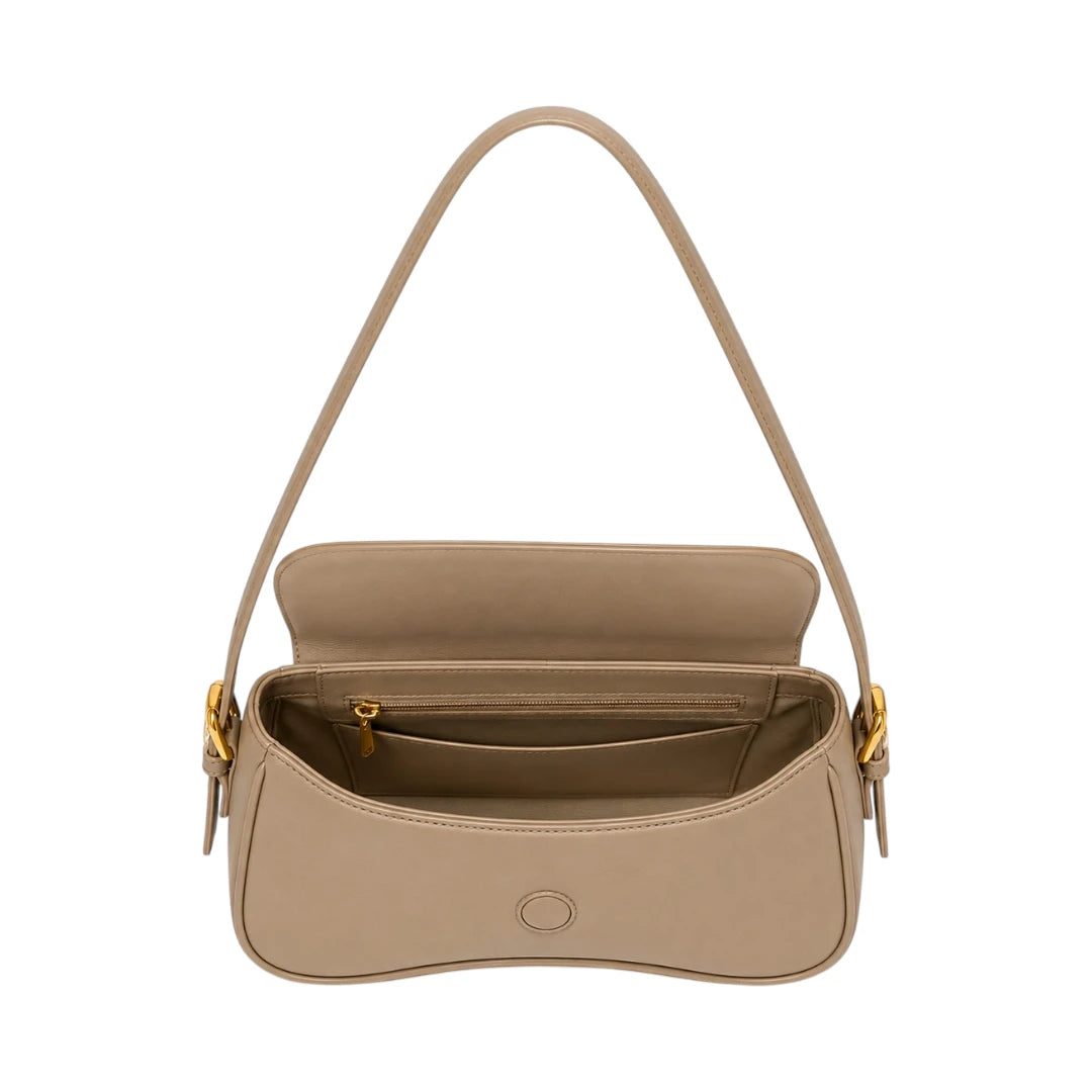 Virant Collection Women's Beige Leather Baguette Bag with Curved Flap