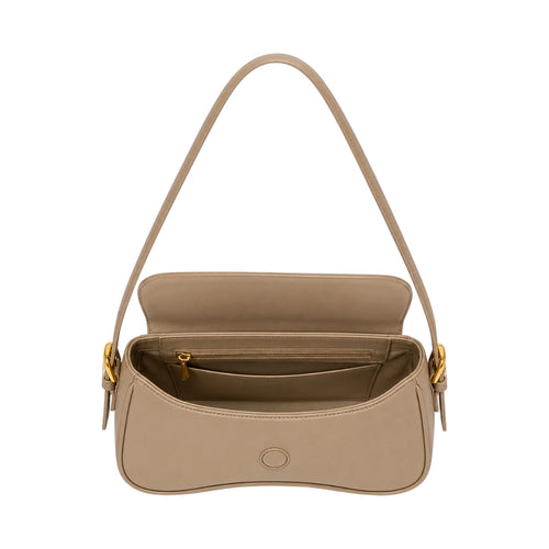 Virant Collection Women's Beige Leather Baguette Bag with Curved Flap
