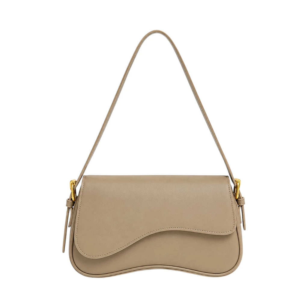 Virant Collection Women's Beige Leather Baguette Bag with Curved Flap