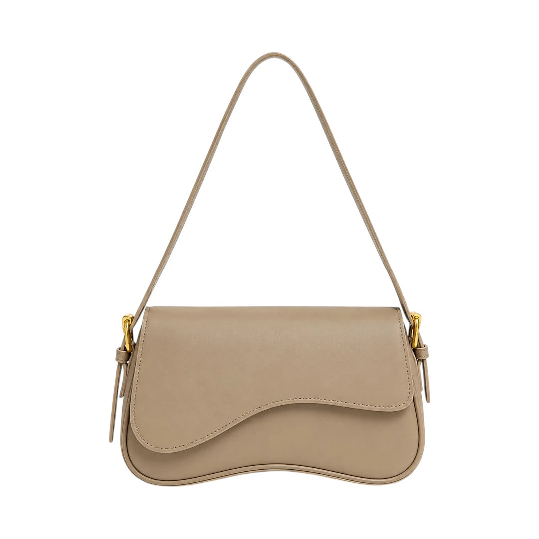 Virant Collection Women's Beige Leather Baguette Bag with Curved Flap
