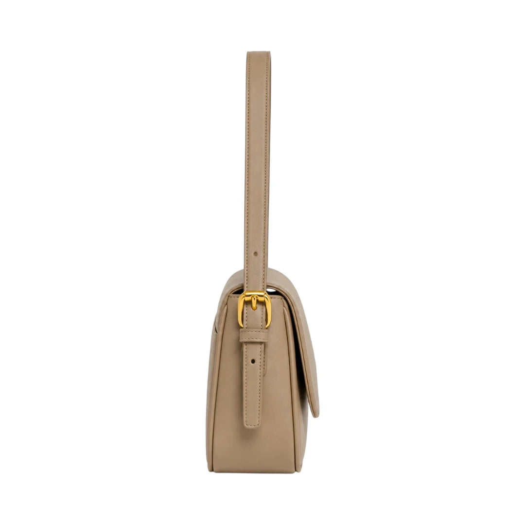 Virant Collection Women's Beige Leather Baguette Bag with Curved Flap